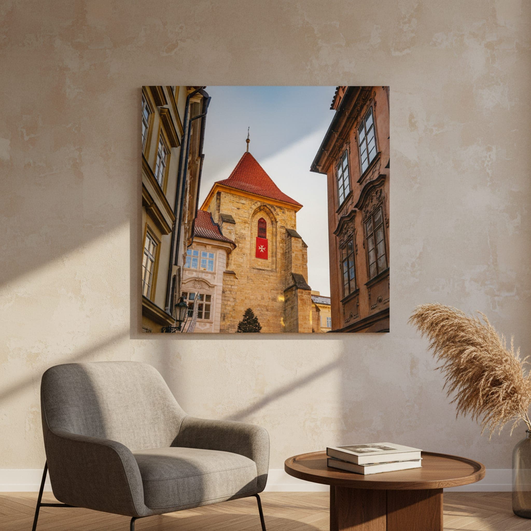 Prague's Crimson Cross shown as a canvas print in a styled interior, view 1 of 3