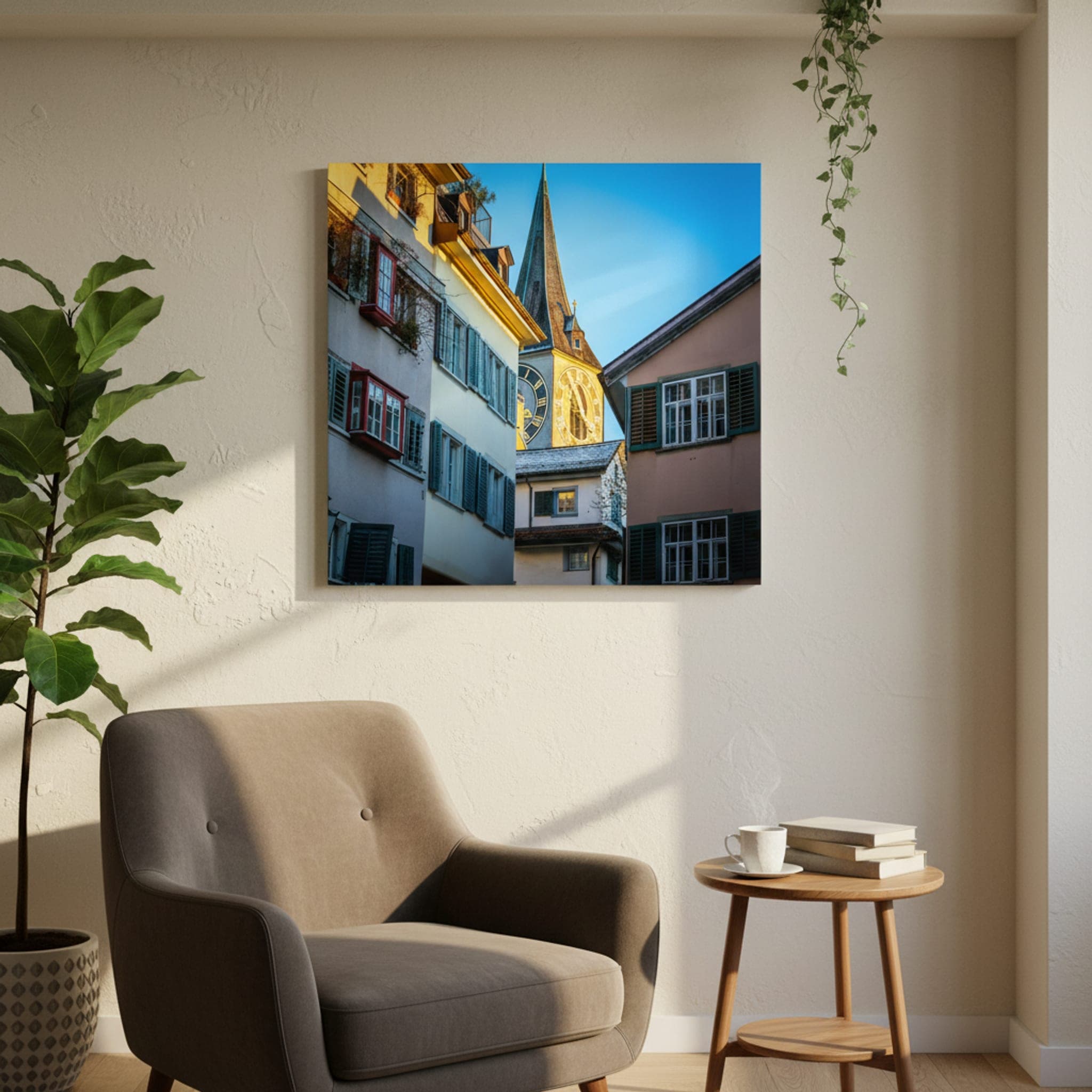 Zürich Clock Tower Glow shown as a canvas print in a styled interior, view 1 of 3