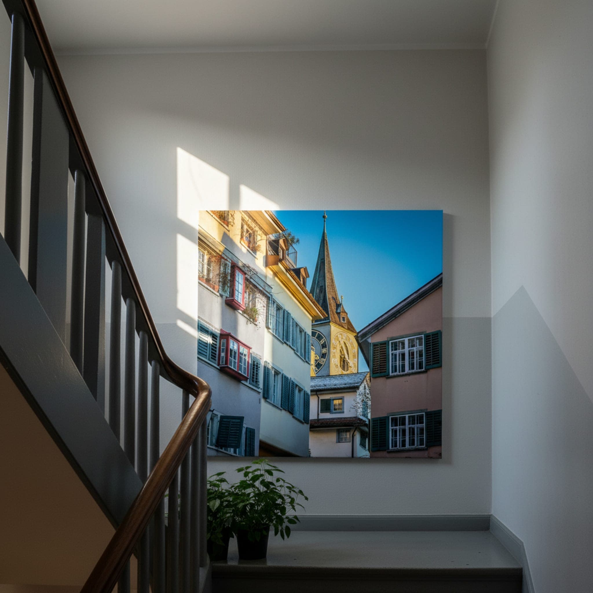 Zürich Clock Tower Glow shown as a canvas print in a styled interior, view 3 of 3