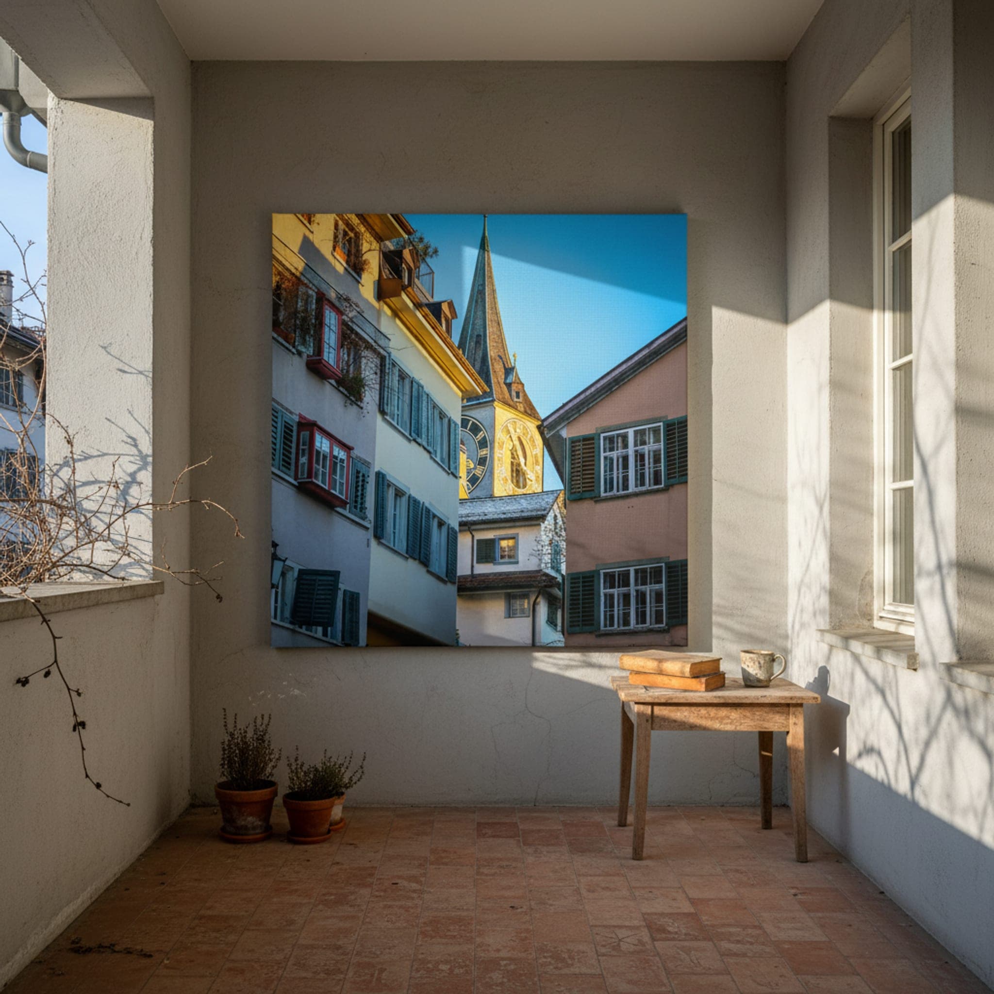 Zürich Clock Tower Glow shown as a canvas print in a styled interior, view 2 of 3