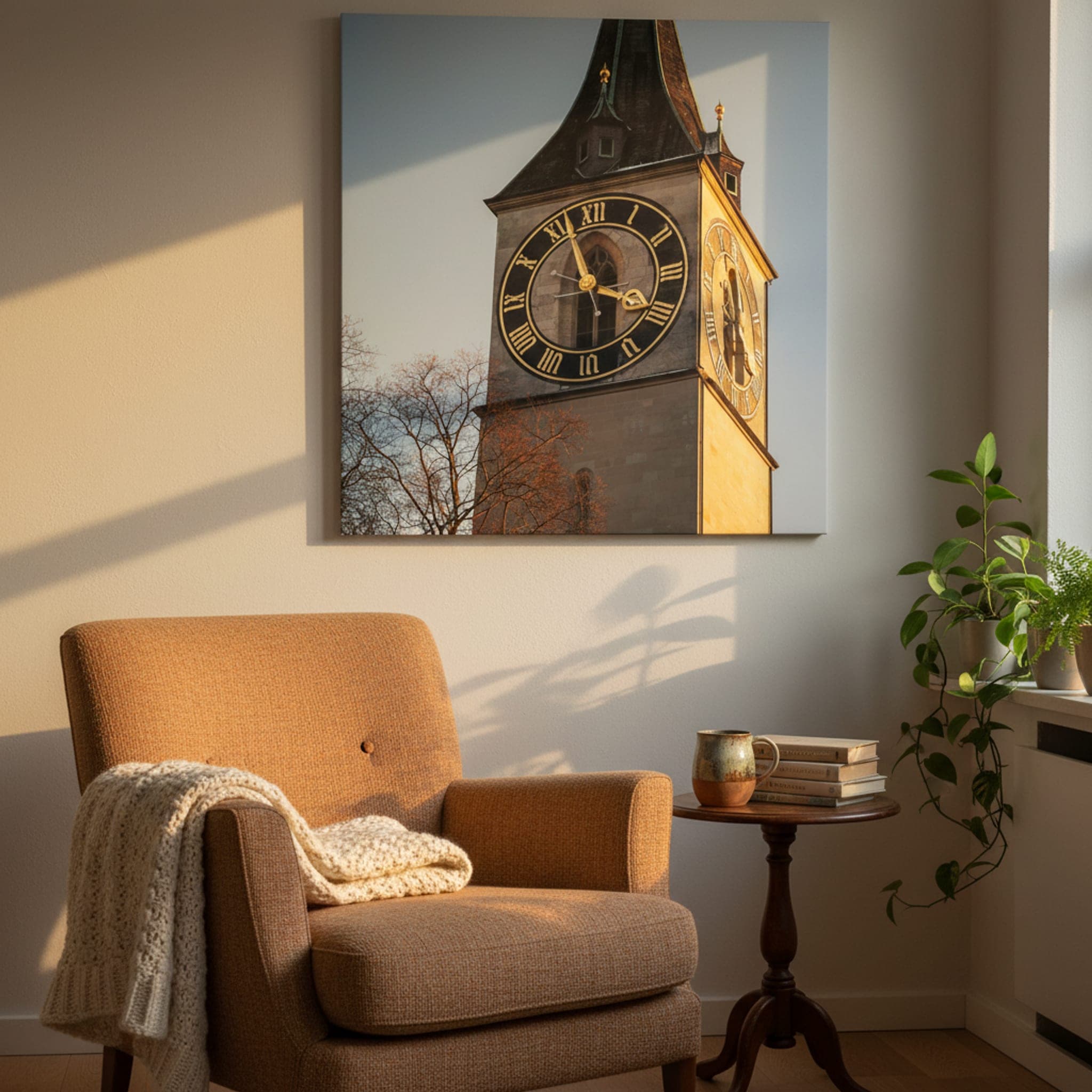 Zürich Timekeeper's Gaze shown as a canvas print in a styled interior, view 1 of 3