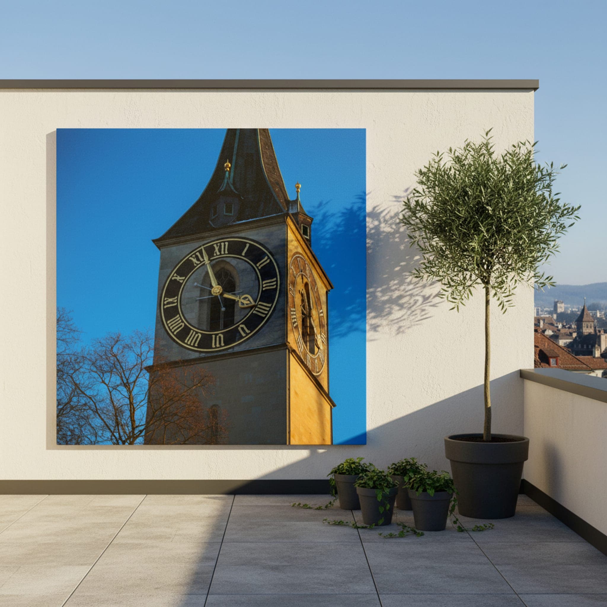 Zürich Timekeeper's Gaze shown as a canvas print in a styled interior, view 2 of 3