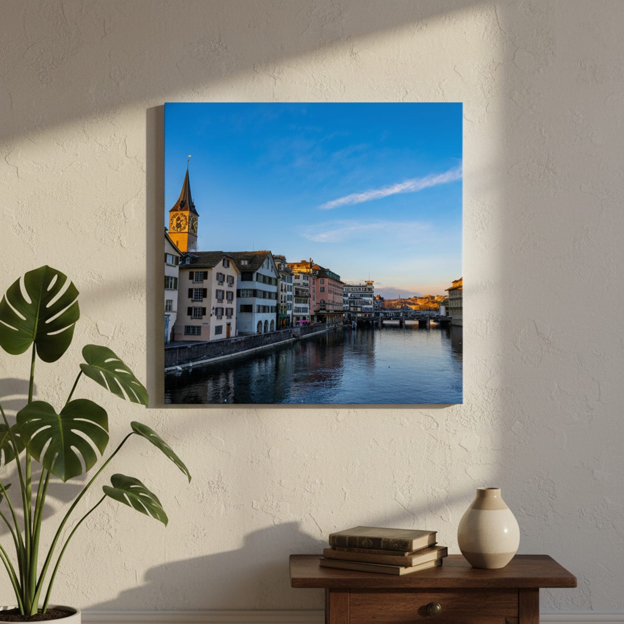 Limmat River Sunset Glow shown as a canvas print in a styled interior, view 1 of 3