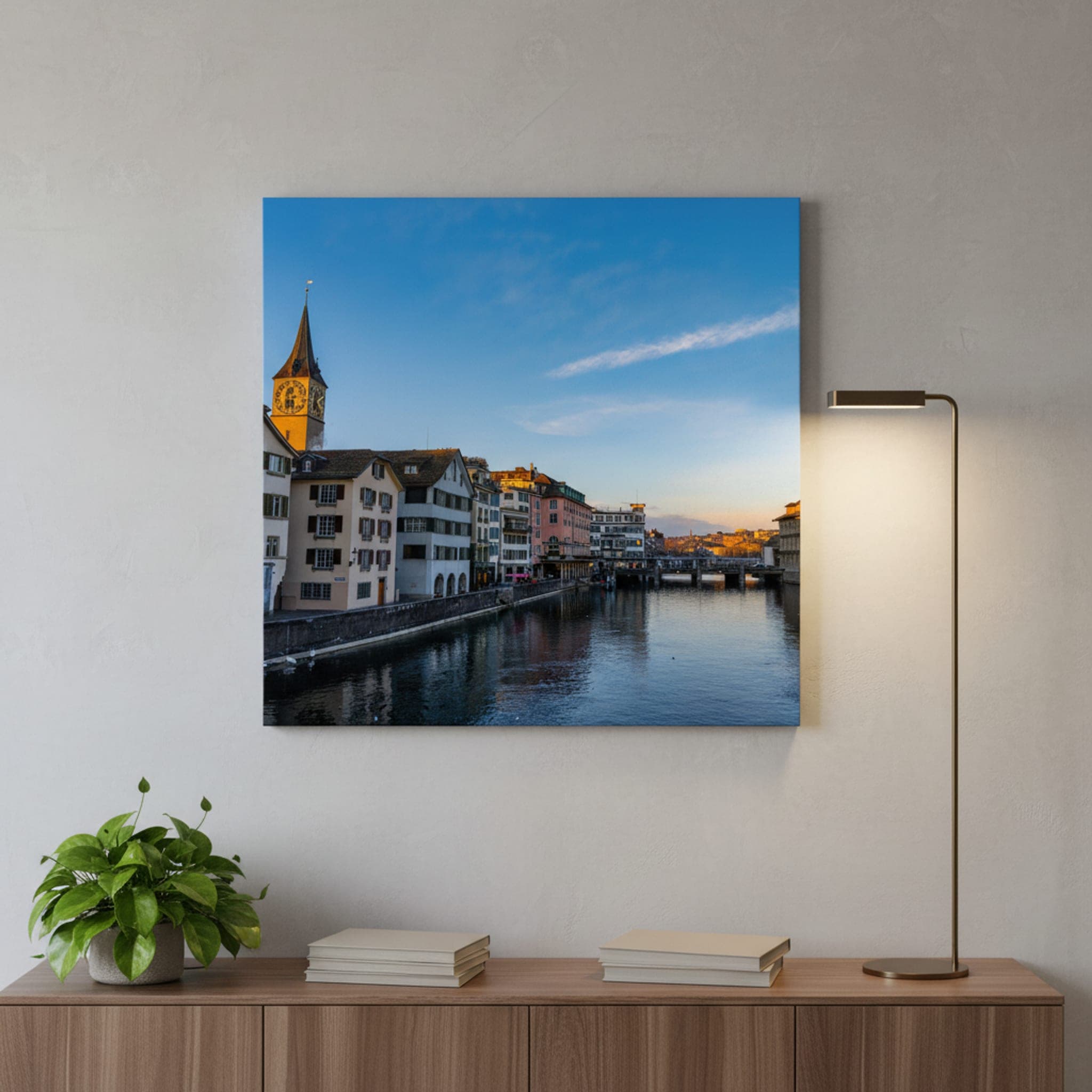 Limmat River Sunset Glow shown as a canvas print in a styled interior, view 3 of 3