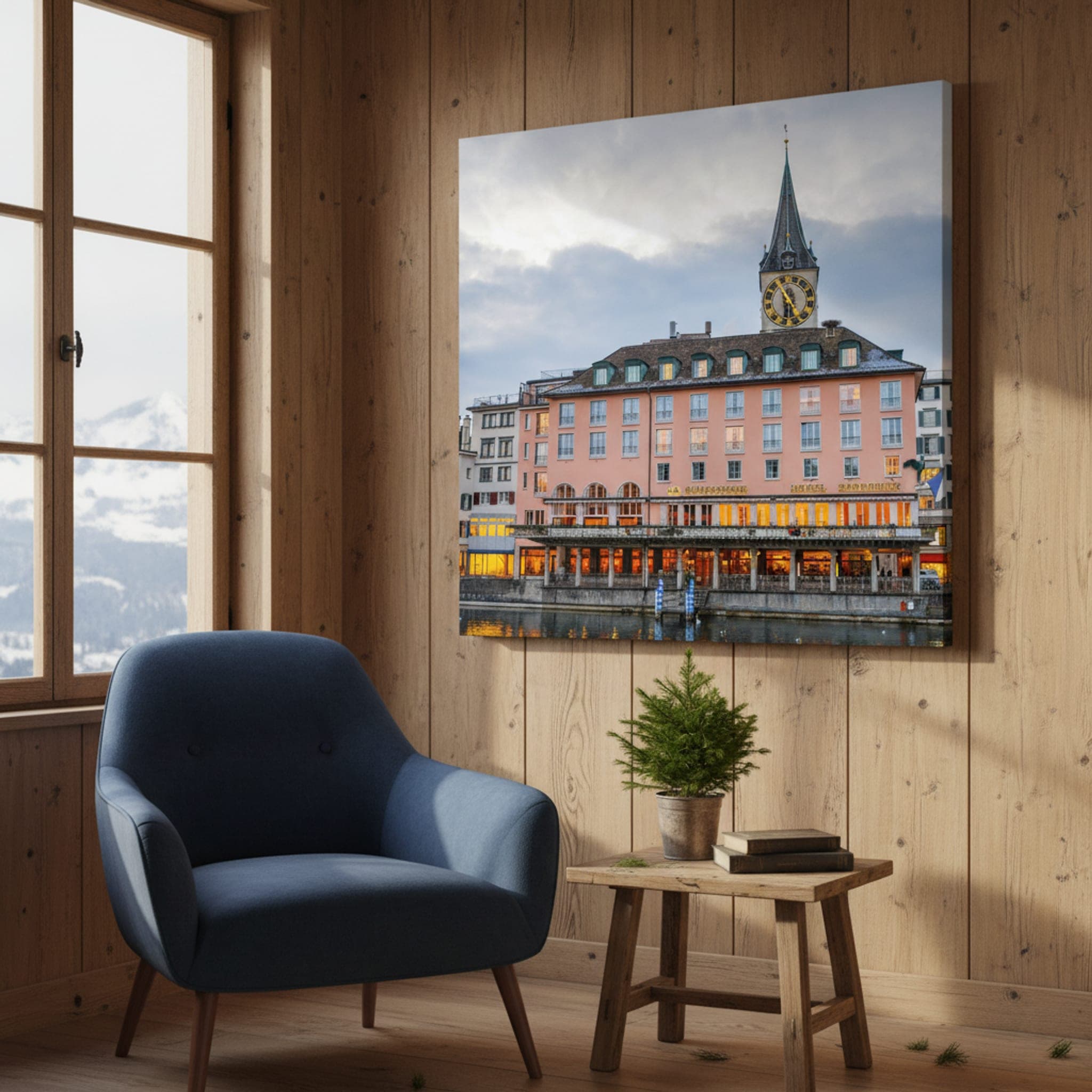Zurich Clocktower Twilight shown as a canvas print in a styled interior, view 1 of 3