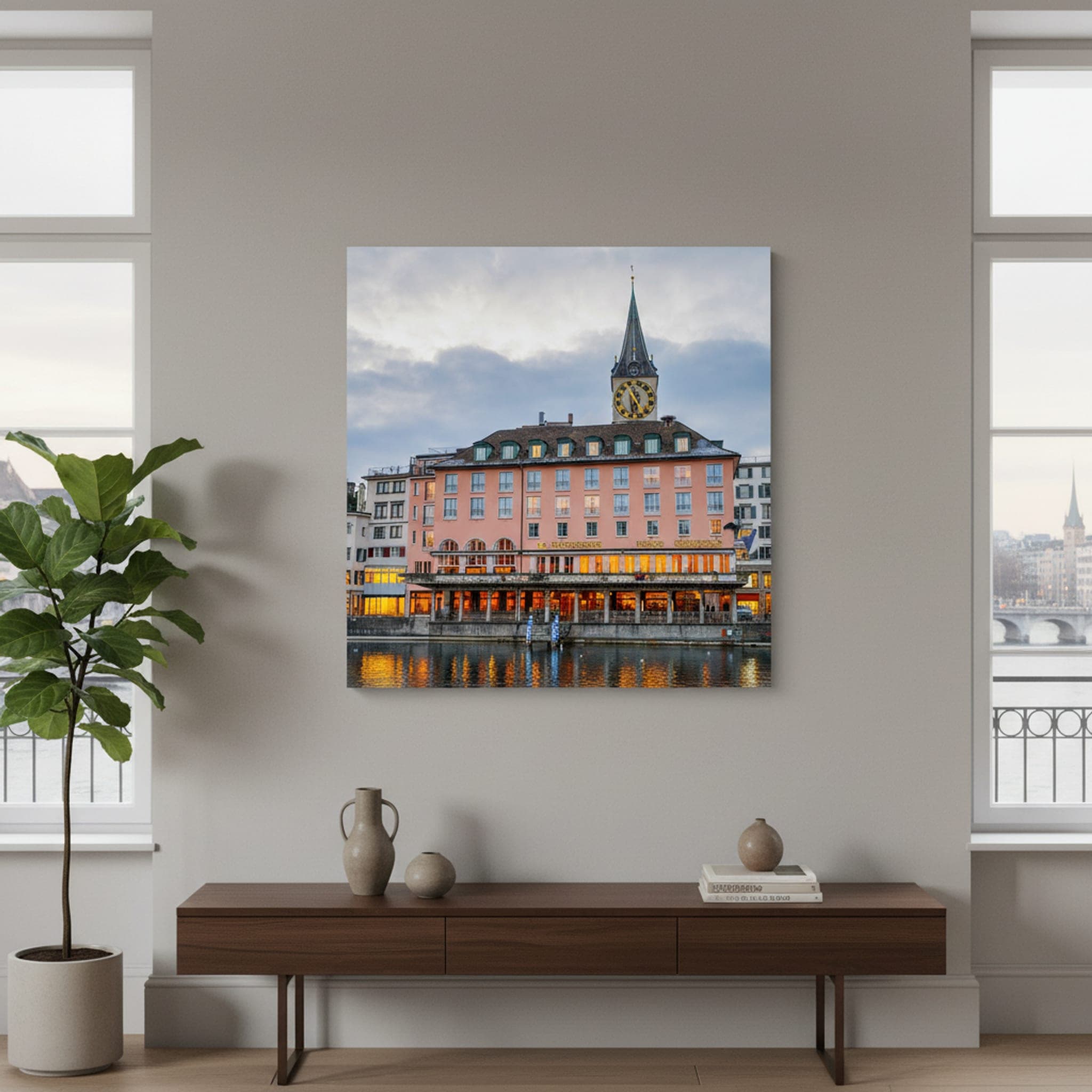 Zurich Clocktower Twilight shown as a canvas print in a styled interior, view 2 of 3