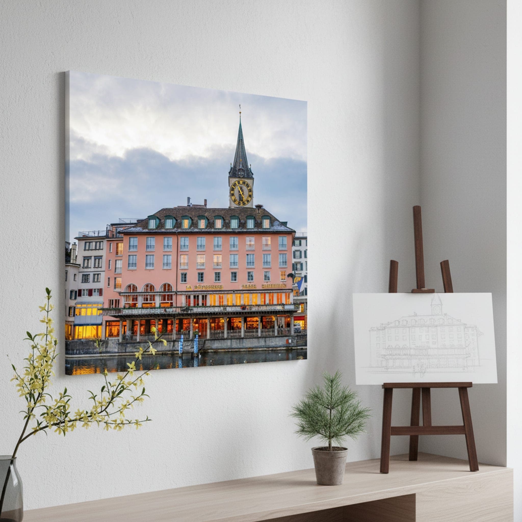 Zurich Clocktower Twilight shown as a canvas print in a styled interior, view 3 of 3