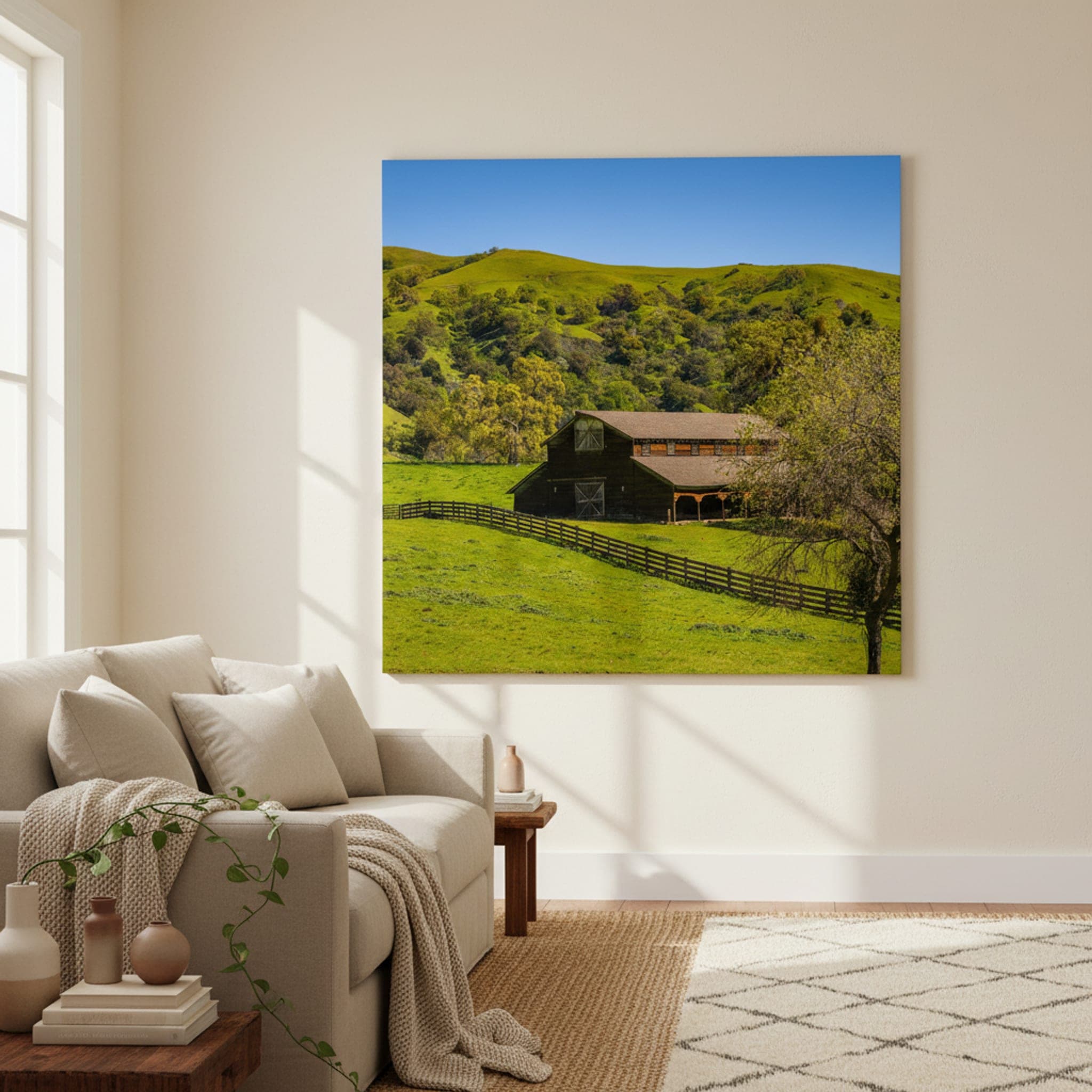 Sunol Valley Barn shown as a canvas print in a styled interior, view 2 of 3
