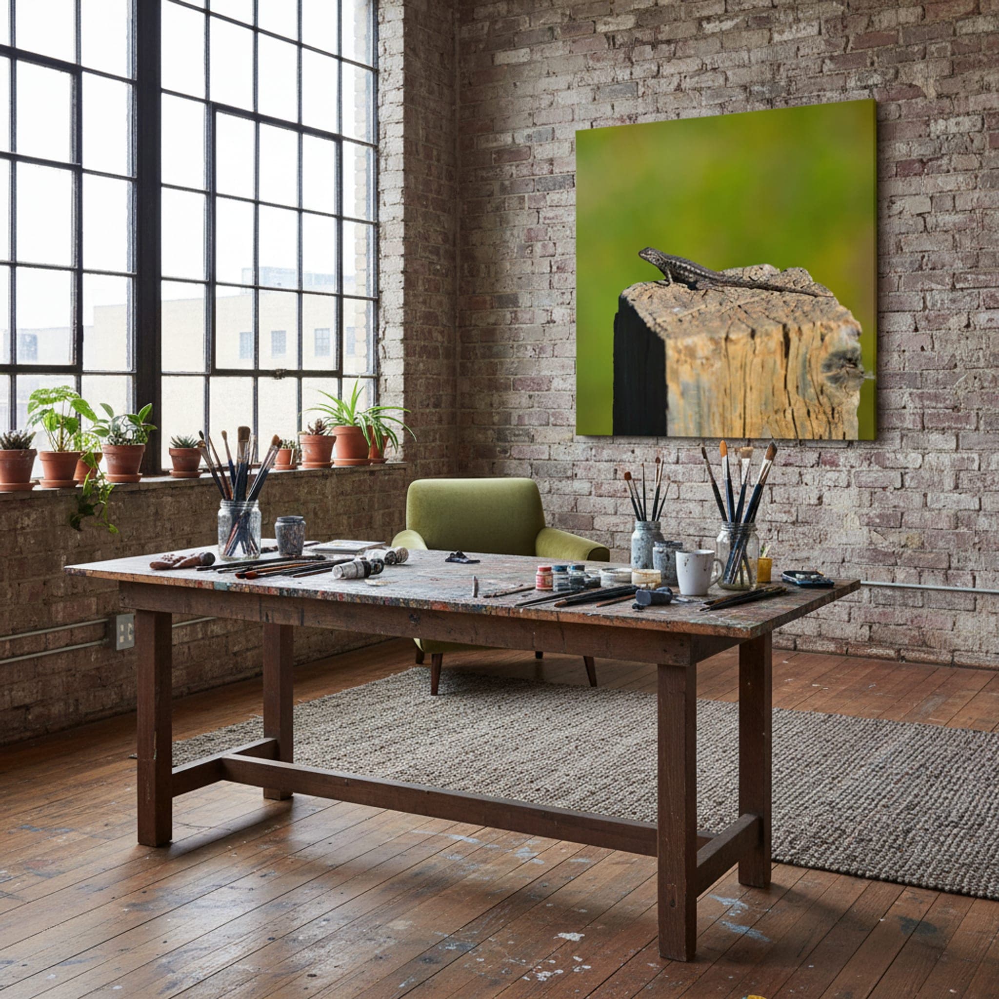 Post Watcher Lizard shown as a canvas print in a styled interior, view 1 of 3