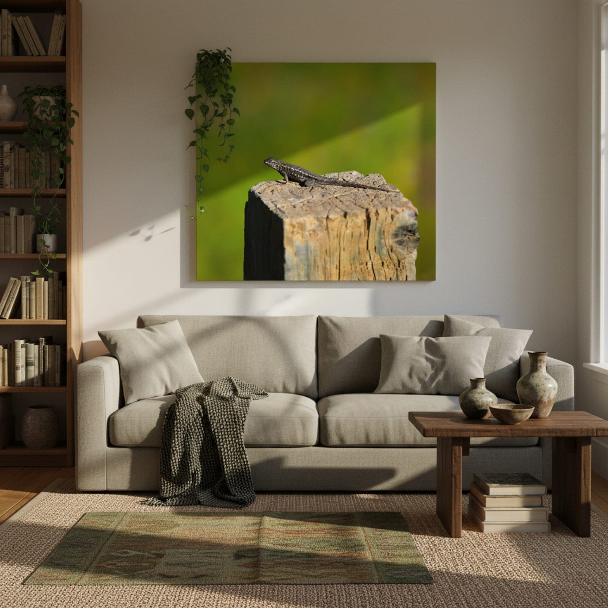 Post Watcher Lizard shown as a canvas print in a styled interior, view 2 of 3