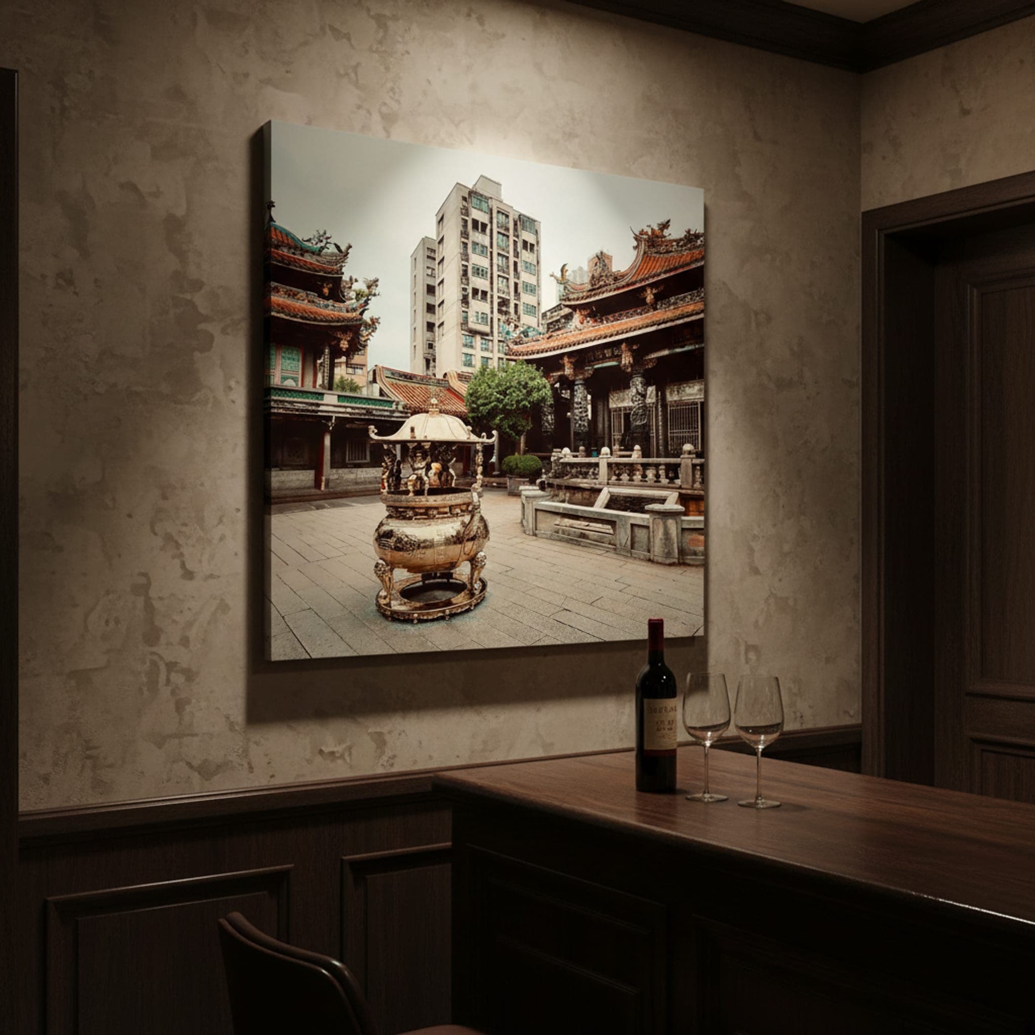 Golden Incense, Taipei Sky shown as a canvas print in a styled interior, view 1 of 3